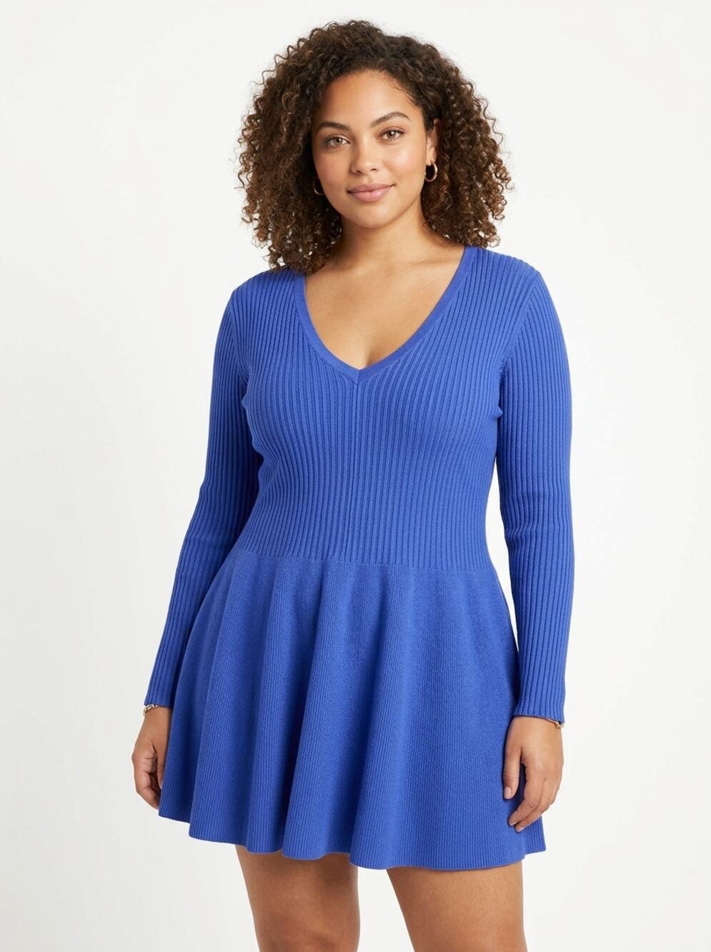 Lane Bryant Blue Ribbed V-Neck Fit & Flare Sweater Dress Women Size 14/16